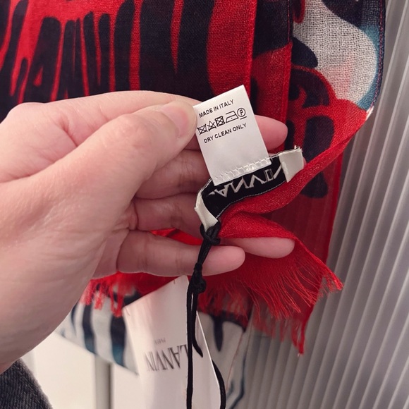 NWT Lanvin 100% Wool Logo Print Scarf Palm Trees Tropical Blue Red - Picture 7 of 12